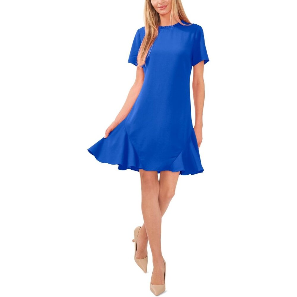 CeCe Godet Royal Blue Dress Size 8 Short Sleeve Ruffle Neck $129 NWT 7651